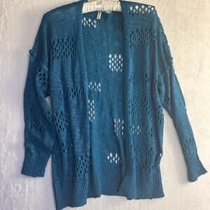 WOMENS GRECERELLE OPEN-KNIT BOHO CHIC DUSTER CARDIGAN SIZE L BRIGHT TEAL EUC